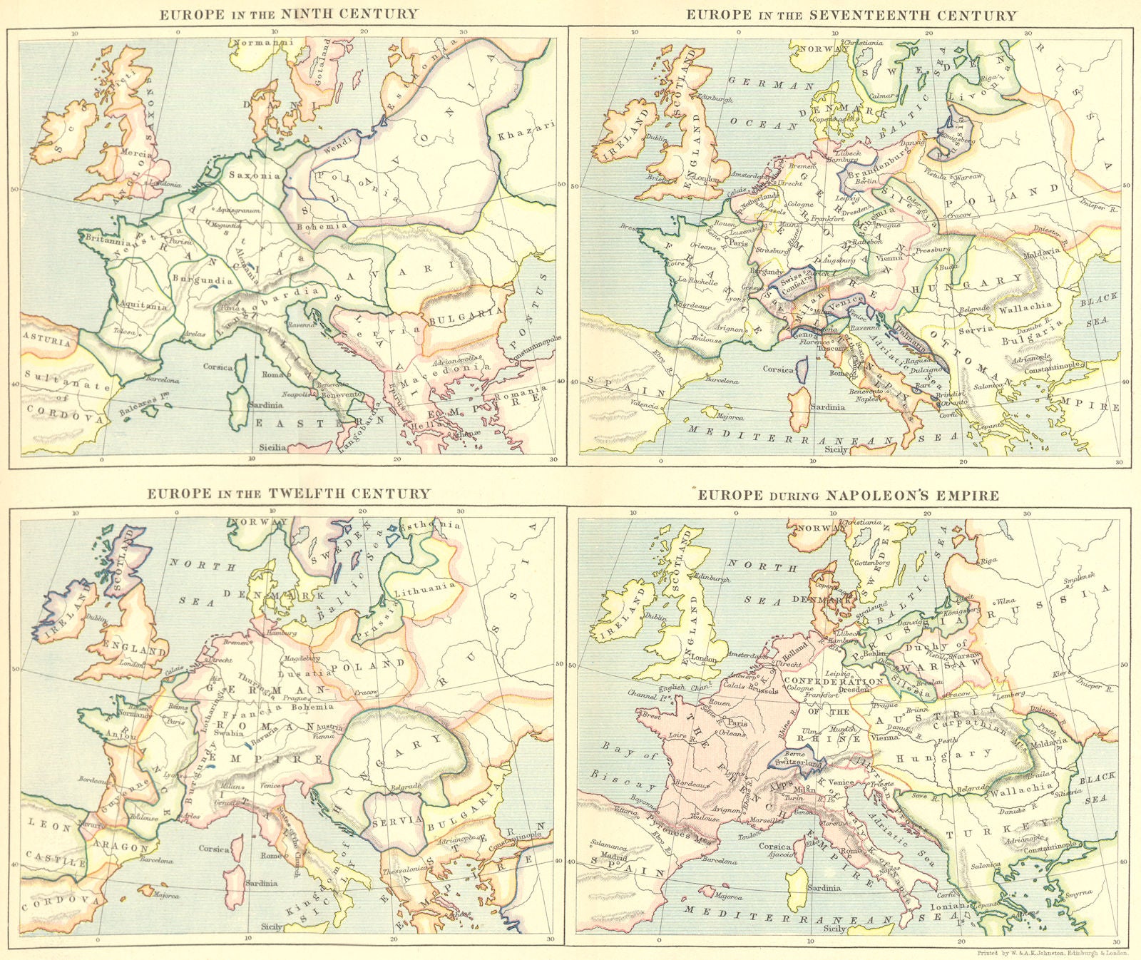 Europe. 9th, 12th, 17th Century Napoleon Empire c1880 old antique map chart